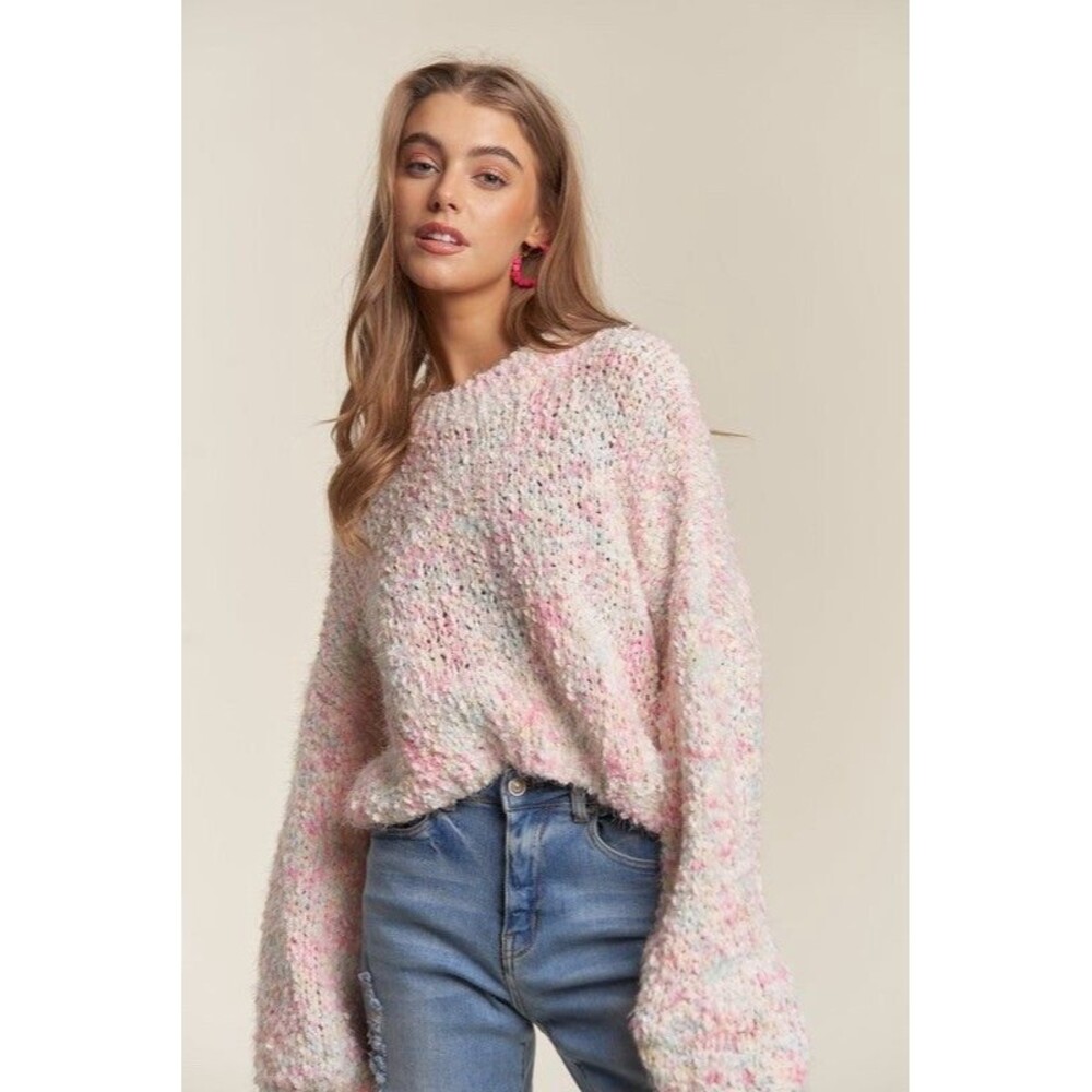 Adora Chunky Popcorn Knit Sweater Boxy Cropped Drop Sleeve Pastel Multicolor M